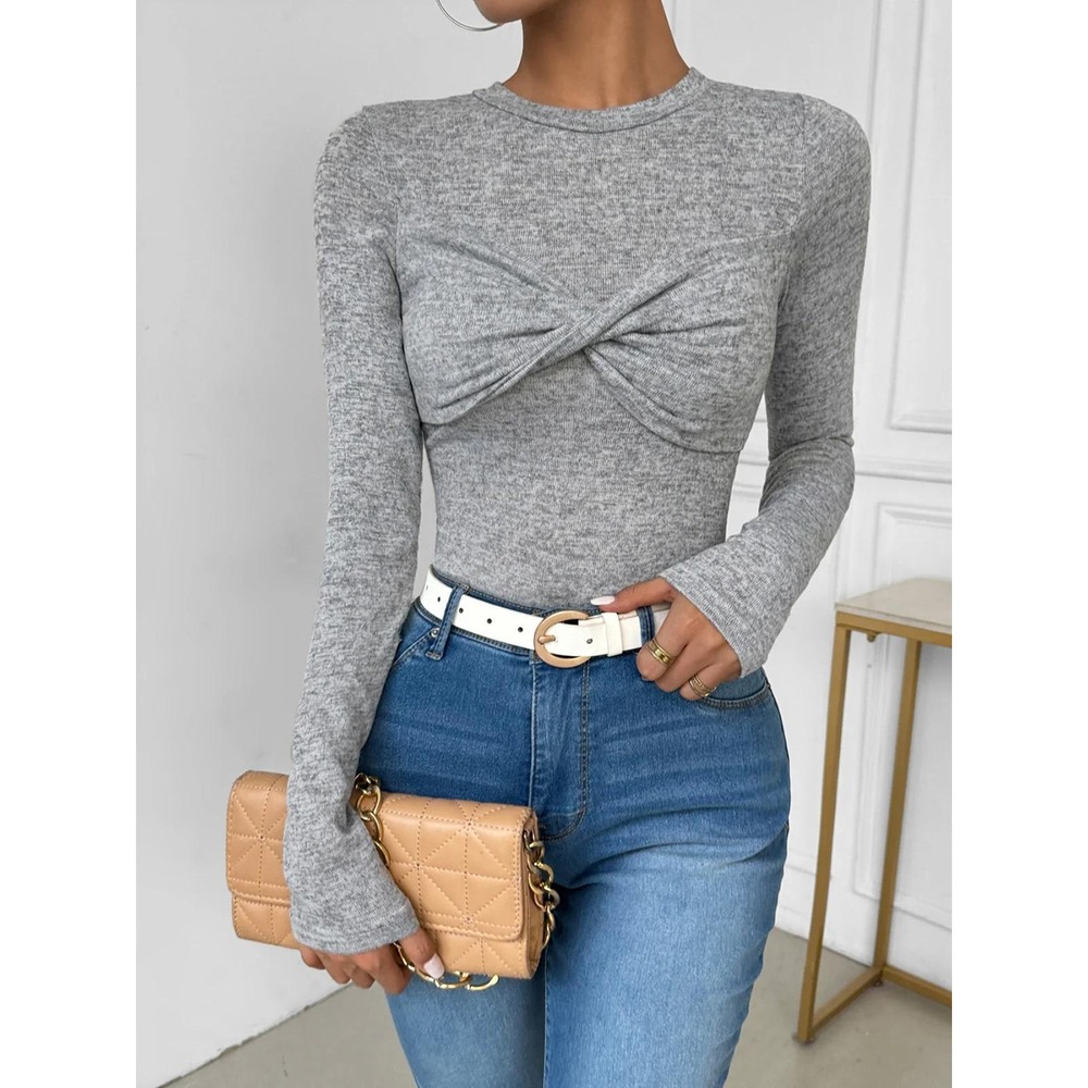COMMENSE Light Gray Knotted Long Sleeve Crew Neck Fitted Jersey Top M US 6
